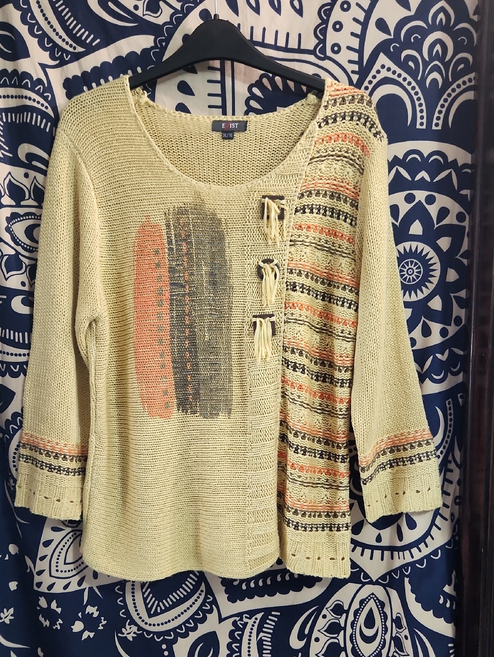 Vanilla Cotton Knit Sweater with Orange & Brown Accent